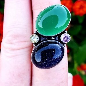 New Huge Green Onyx, Sun Sitara 925 Silver Statement Ring.